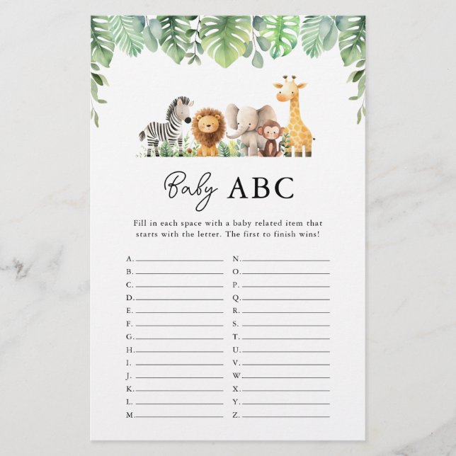 Safari Baby Shower Game - Baby ABC Flygblad (Framsidan)