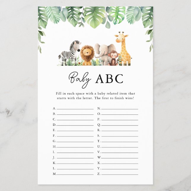 Safari Baby Shower Game - Baby ABC Flygblad (Framsidan)