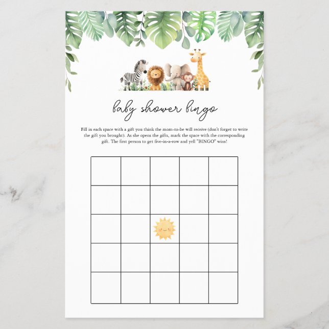 Safari Baby Shower Game - Baby Shower Bingo Flygblad (Framsidan)