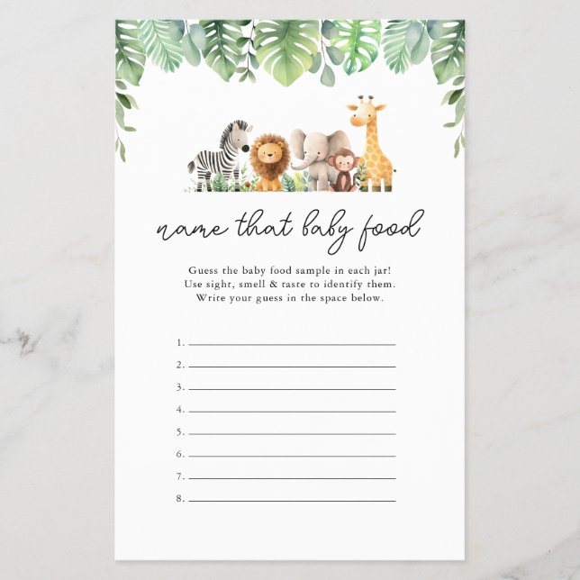 Safari Baby Shower Game - Namn that Baby Food Flygblad (Framsidan)