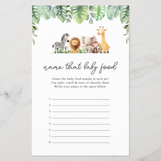 Safari Baby Shower Game - Namn that Baby Food Flygblad (Framsidan)