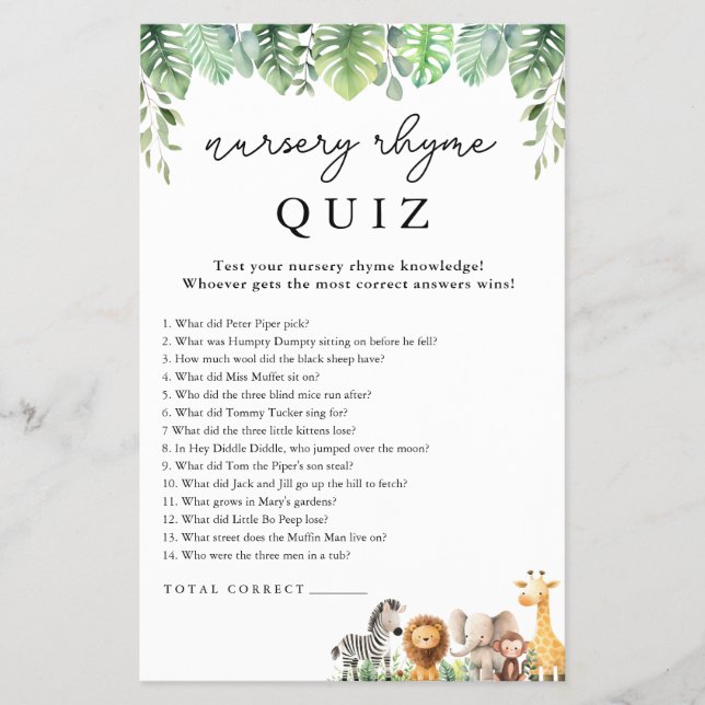 Safari Baby Shower Game Nursery Rhyme Quiz Flyer (Framsidan)