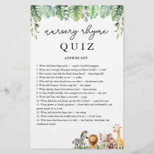 Safari Baby Shower Game Nursery Rhyme Quiz-svar Flygblad