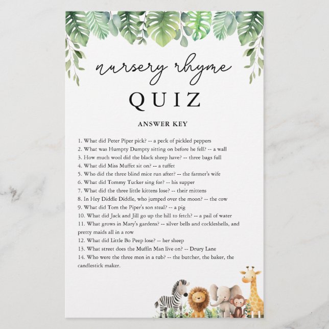 Safari Baby Shower Game Nursery Rhyme Quiz-svar Flygblad (Framsidan)