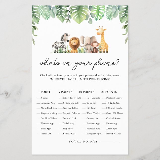 Safari Baby Shower Game - Vad finns på din Mobil? Flygblad (Framsidan)