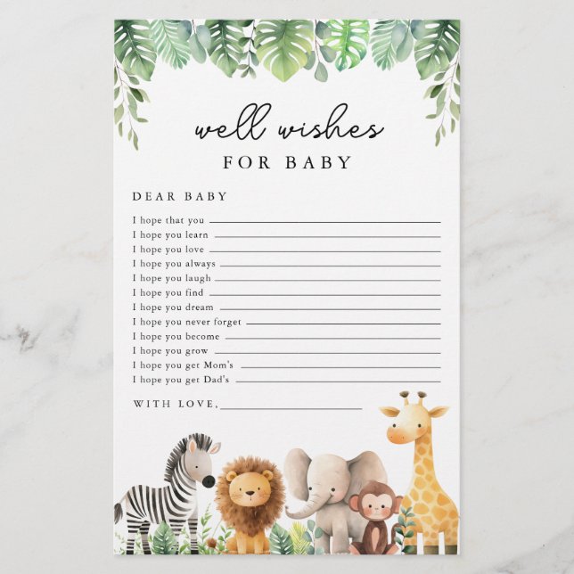 Safari Baby Shower Game - well Önskemål för Baby Flygblad (Framsidan)