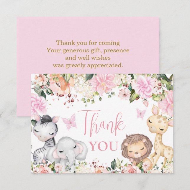 Safari Baby Shower Girl thank you Note Card Anteckningskort (Fram/baksida)