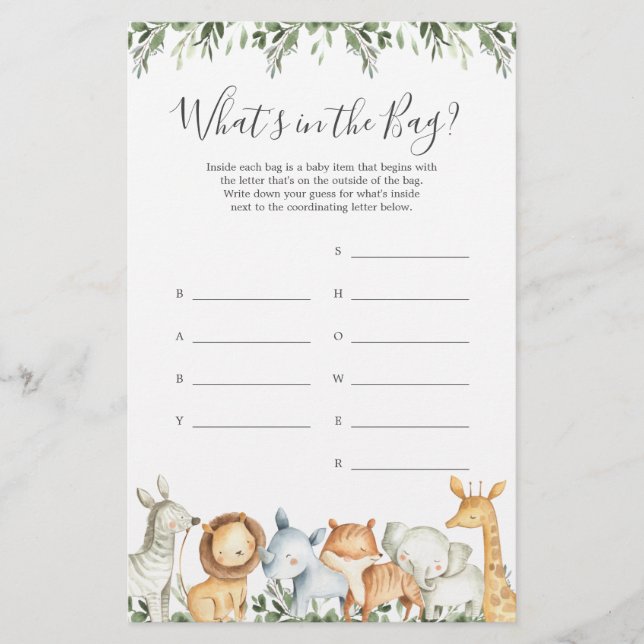 Safari Baby Shower Gissa vad som finns i Bag-spele (Framsida)