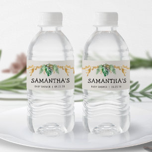 Safari Baby Shower Grönt Guld Ecru Vattenflaskor Etikett