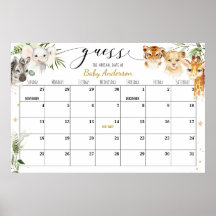 Safari Baby Shower Guess Due Date Calendar Poster