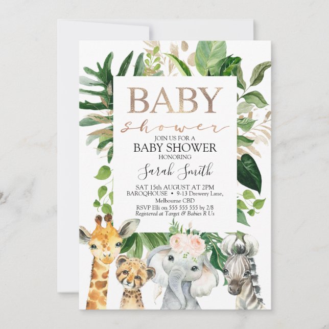 Safari Baby Shower guld and Grönt Foliage GIrls Sa Inbjudningar (Framsida)