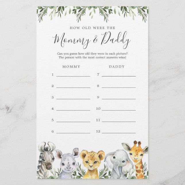Safari Baby Shower hur gammalt de spelade kort (Framsida)