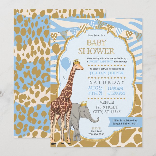 Safari Baby Shower-inbjudan - Blue Boy Inbjudningar (Fram/baksida)