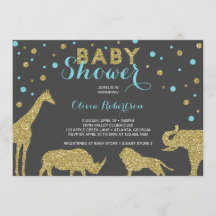 Safari Baby Shower-inbjudan, Faux Guld, Aqua