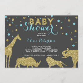 Safari Baby Shower-inbjudan, Faux Guld, Aqua Inbjudningar