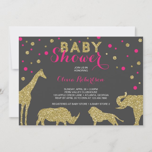 Safari Baby Shower-inbjudan, Faux Guld, Rosa Inbjudningar (Framsida)