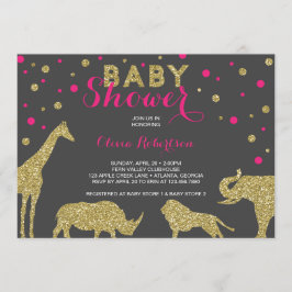 Safari Baby Shower-inbjudan, Faux Guld, Rosa Inbjudningar
