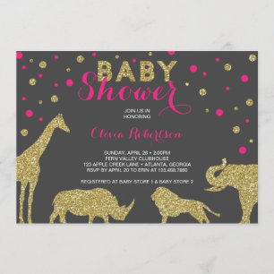 Safari Baby Shower-inbjudan, Faux Guld, Rosa Inbjudningar