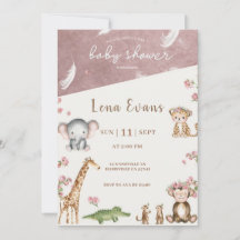 Safari Baby Shower Inbjudan Rosa Watercolor Ju