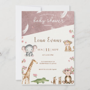 Safari Baby Shower Inbjudan Rosa Watercolor Ju