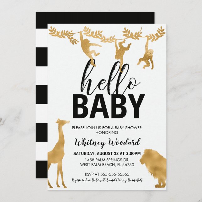 Safari Baby Shower-inbjudan | Svart och Guld Inbjudningar (Fram/baksida)