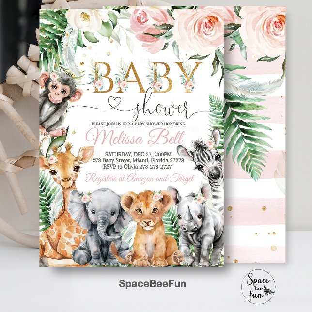 Safari Baby Shower Inbjudan, Tjej Safari Djungel Inbjudningar (Editable Safari,Baby Shower,Invitation,Girl Safari,Jungle  Animals,Baby Shower Invite,Wild One Invit)
