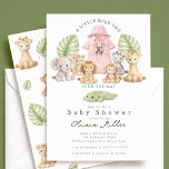 Safari Baby Shower Invitation Girl Jungle Inbjudningar<br><div class="desc">Celebrate your little wild one with this adorable safari-themed baby shower invitation! Featuring sweet watercolor jungle animals like a giraffe, elephant, lion, monkey, and zebra alongside soft tropical greenery and a blush pink baby outfit, this design creates a warm and playful jungle vibe. The coordinating pattern on the back adds...</div>