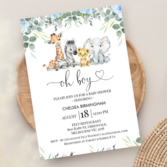 Safari Baby Shower Modern Foliage Blue Blommigt Sa Inbjudningar (Blue Floral Boys Safari Baby Shower Invitation, Oh Boy Heart, Editable Boy Safari Baby Shower Invite)