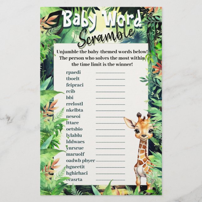 Safari Baby Shower Ord Scramble Giraffe Grönt (Framsida)