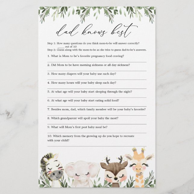 Safari Baby Shower Pappa känner till bästa spel (Framsida)