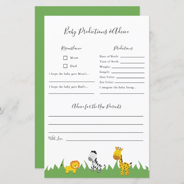 Safari Baby Shower Predictions and Advice Game (Fram/baksida)