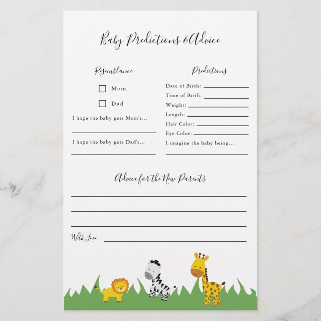 Safari Baby Shower Predictions and Advice Game Flygblad (Framsidan)