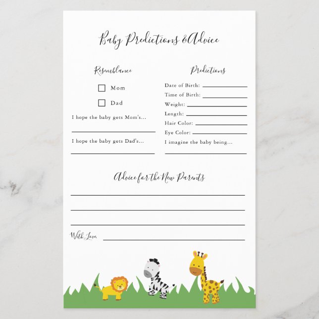 Safari Baby Shower Predictions and Advice Game Flygblad (Framsidan)