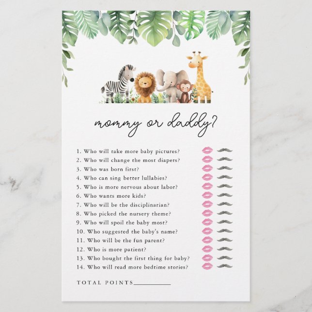 Safari Baby Shower-spel - Mamma eller pappa Flygblad (Framsidan)