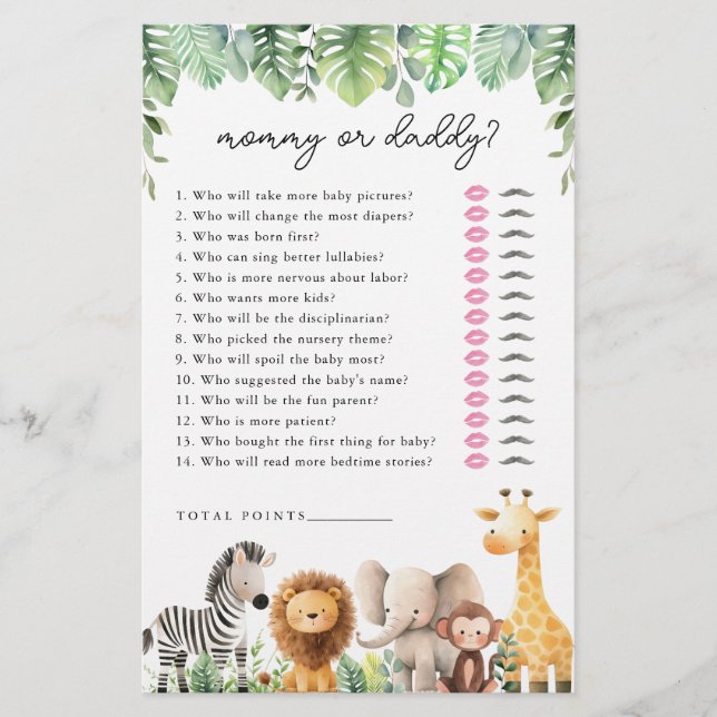 Safari Baby Shower-spel - Mamma eller pappa Flygblad (Framsidan)
