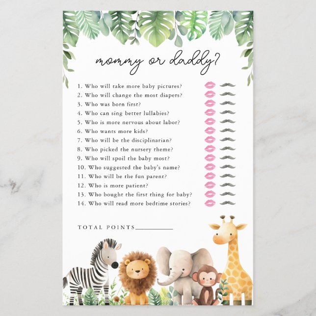 Safari Baby Shower-spel - Mamma eller pappa Flygblad (Framsidan)