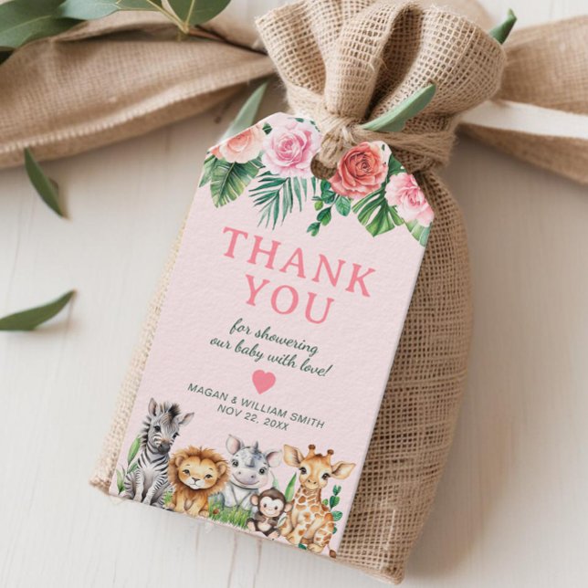 Safari Baby Shower Tack Favor - Jungle Animal Presentetikett (Pink Safari Thank You Gift Tag)