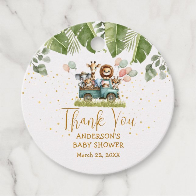 Safari Baby Shower Tack Gift-Märkre Gåvor Etiketter (Framsida)