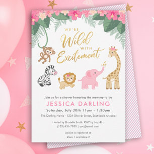 Safari Baby Shower-tema med söt baby djur Inbjudningar