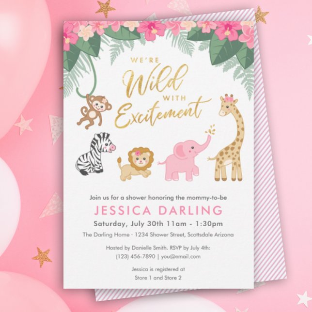 Safari Baby Shower-tema med söt baby djur Inbjudningar (Wild With Excitement Baby Shower)