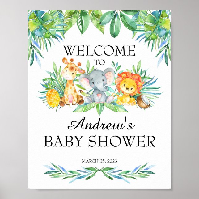 Safari Baby Shower Welcome Sign, Safari-djur Poster (Framsidan)