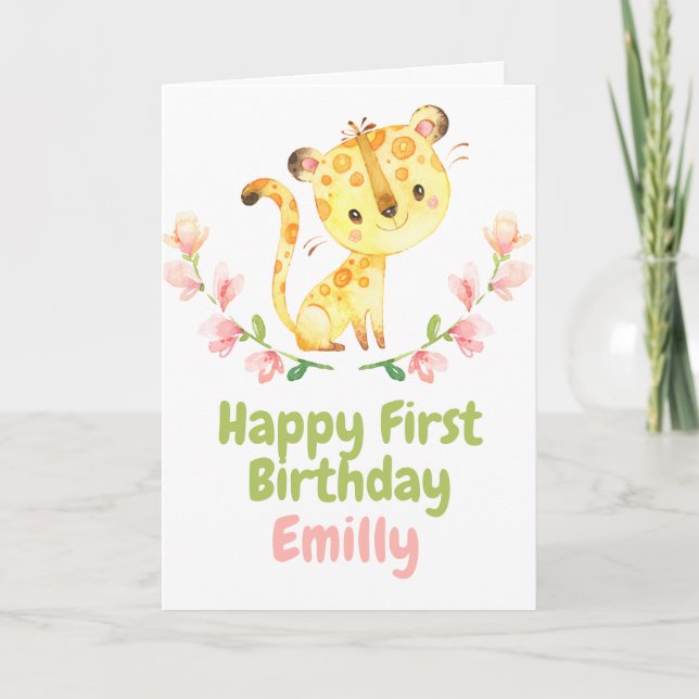 Safari Baby tiger Girl Lycklig 1:a födelsedagskort Kort (Framsida)
