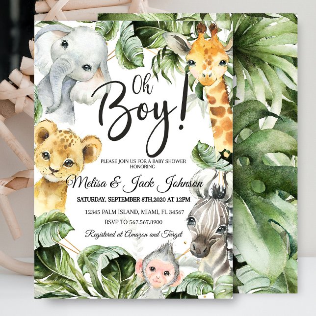 Safari babydusch pojke dusch inbjudningar (Safari Baby Shower Baby Boy Shower invitation with jungle animals like lions, giraffes, and elephant)