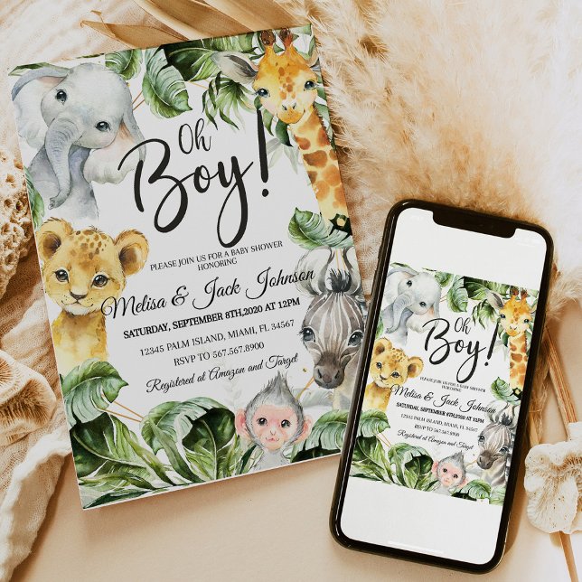 Safari Babyduschinbjudan Boy, Jungl Vild baby Inbjudningar (Safari Baby Shower Baby Boy Shower invitation with jungle animals like lions, giraffes, and elephant)