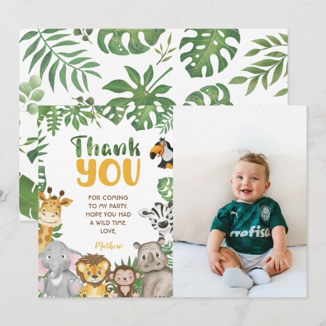 Safari Birthday Animals Jungle Vild 1 och 2 Tack Kort (Fram/baksida)