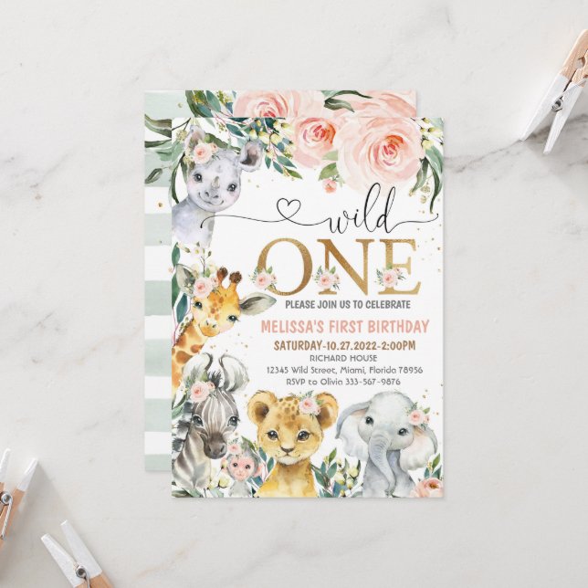 Safari Birthday Bjud, Vild One Girl Party 1s Inbjudningar (Fram/Back In Situ)