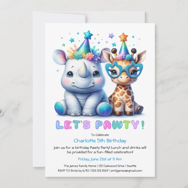 Safari Birthday bjudande - Cute Rhino & Giraffe Inbjudningar (Framsida)