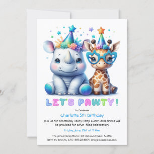 Safari Birthday bjudande - Cute Rhino & Giraffe Inbjudningar