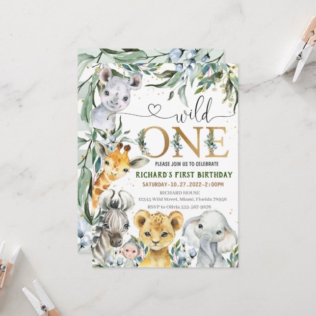 Safari Birthday bjudande, Vild 1 BOY Party 1 Inbjudningar (Fram/Back In Situ)
