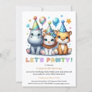 Safari Birthday - Glitter Blue Hippo, Tiger, Lejon Inbjudningar